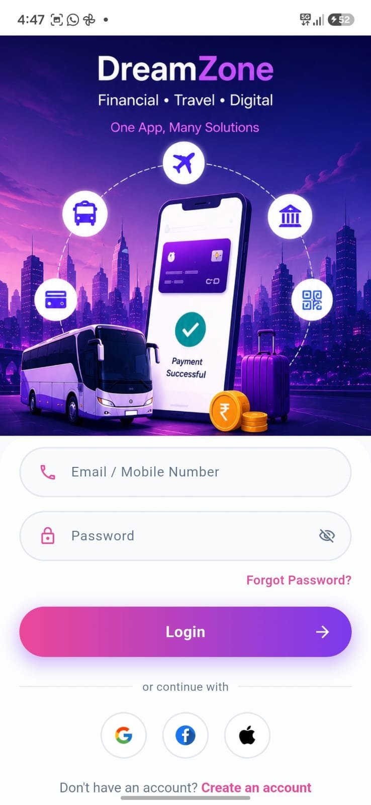 DreamZone app login screen — financial, travel and digital services app built by Adjen Technologies