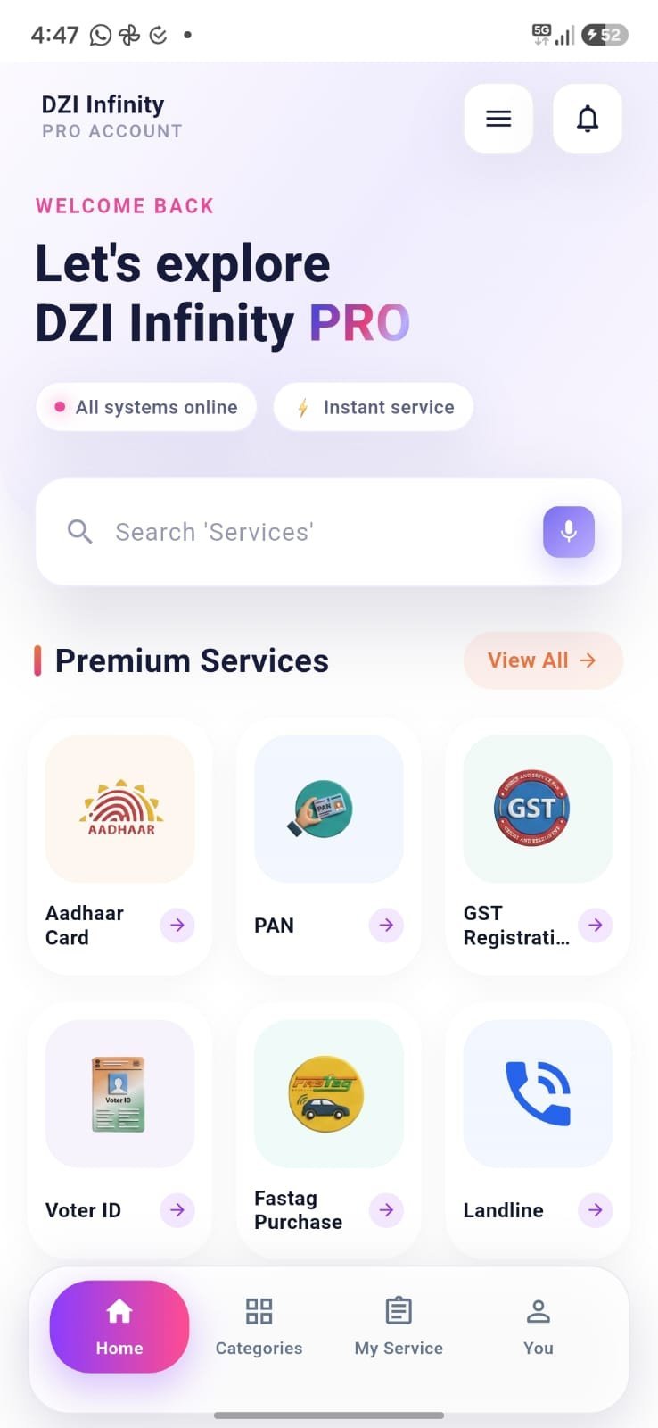 DZI Infinity Pro app home screen — Aadhaar, PAN and GST services app built by Adjen Technologies
