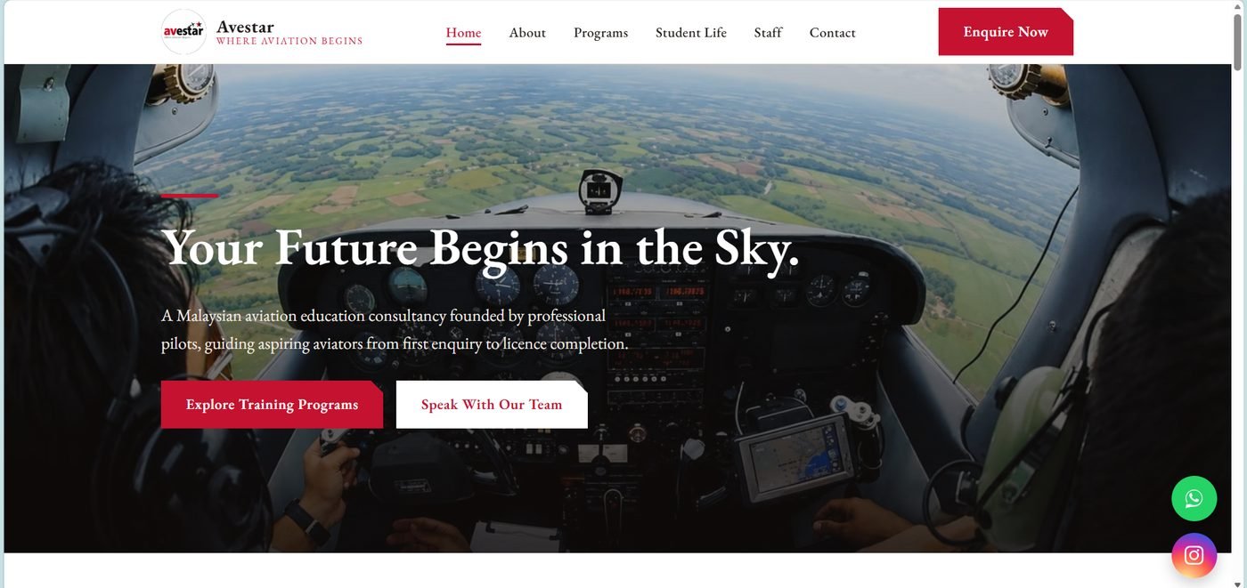 Avestar — aviation education consultancy homepage built by Adjen Technologies
