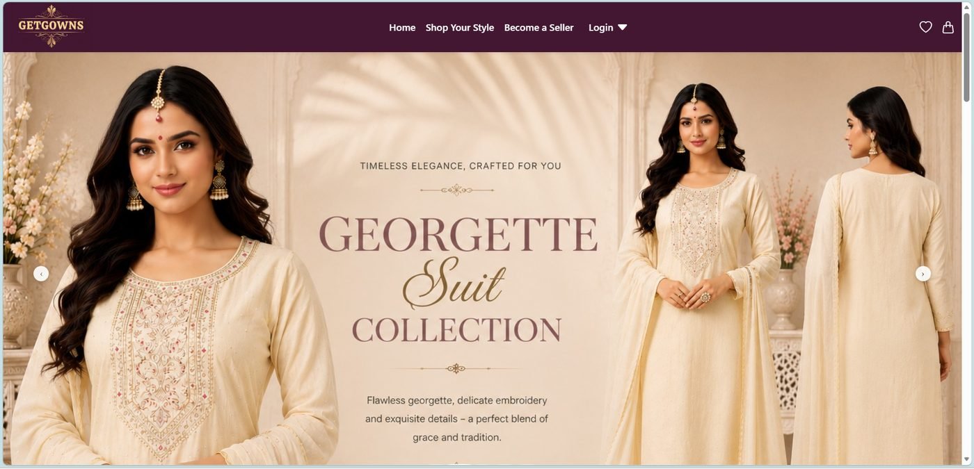 GetGowns — georgette suit collection e-commerce homepage built by Adjen Technologies