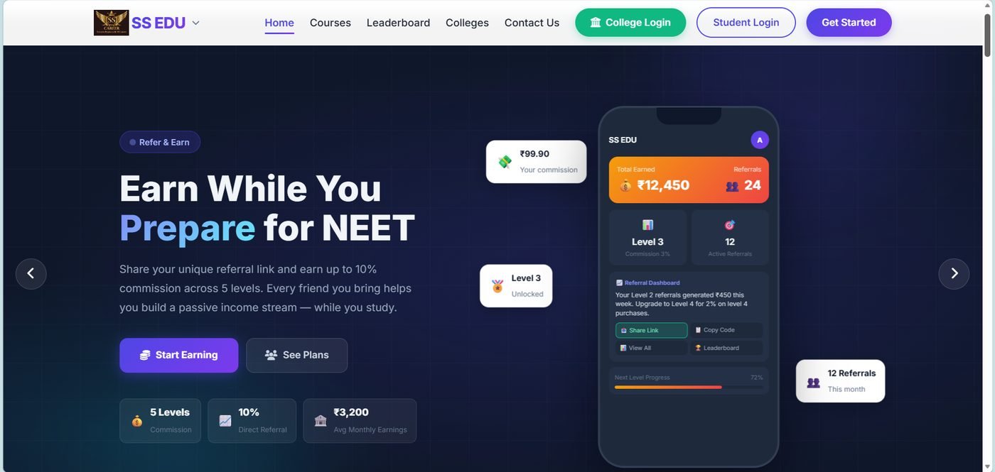 SS Edu — NEET coaching referral platform homepage built by Adjen Technologies